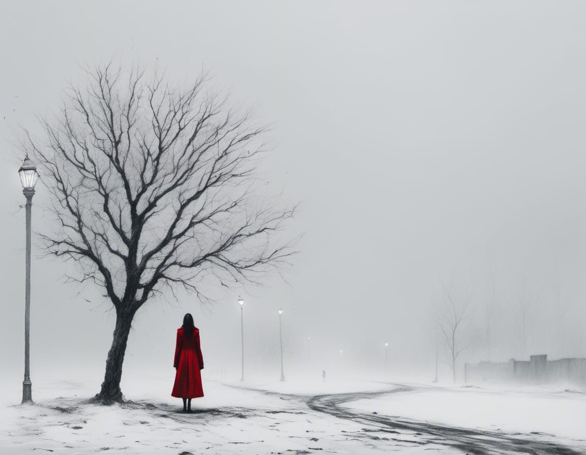 Film Noir: Woman in Red in Rainy Cityscape