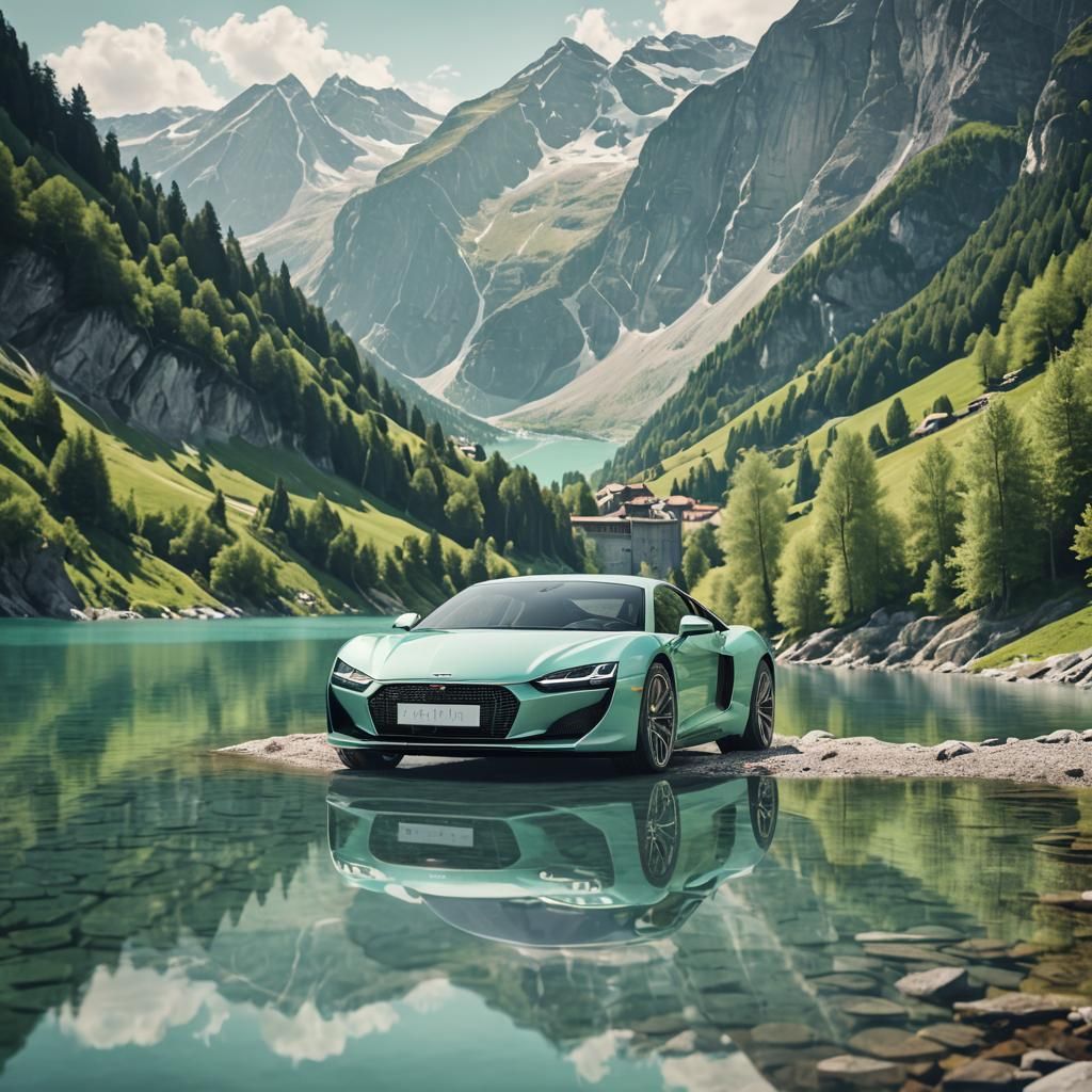 Luxury Car by Swiss Lake: Photorealistic Concept Art