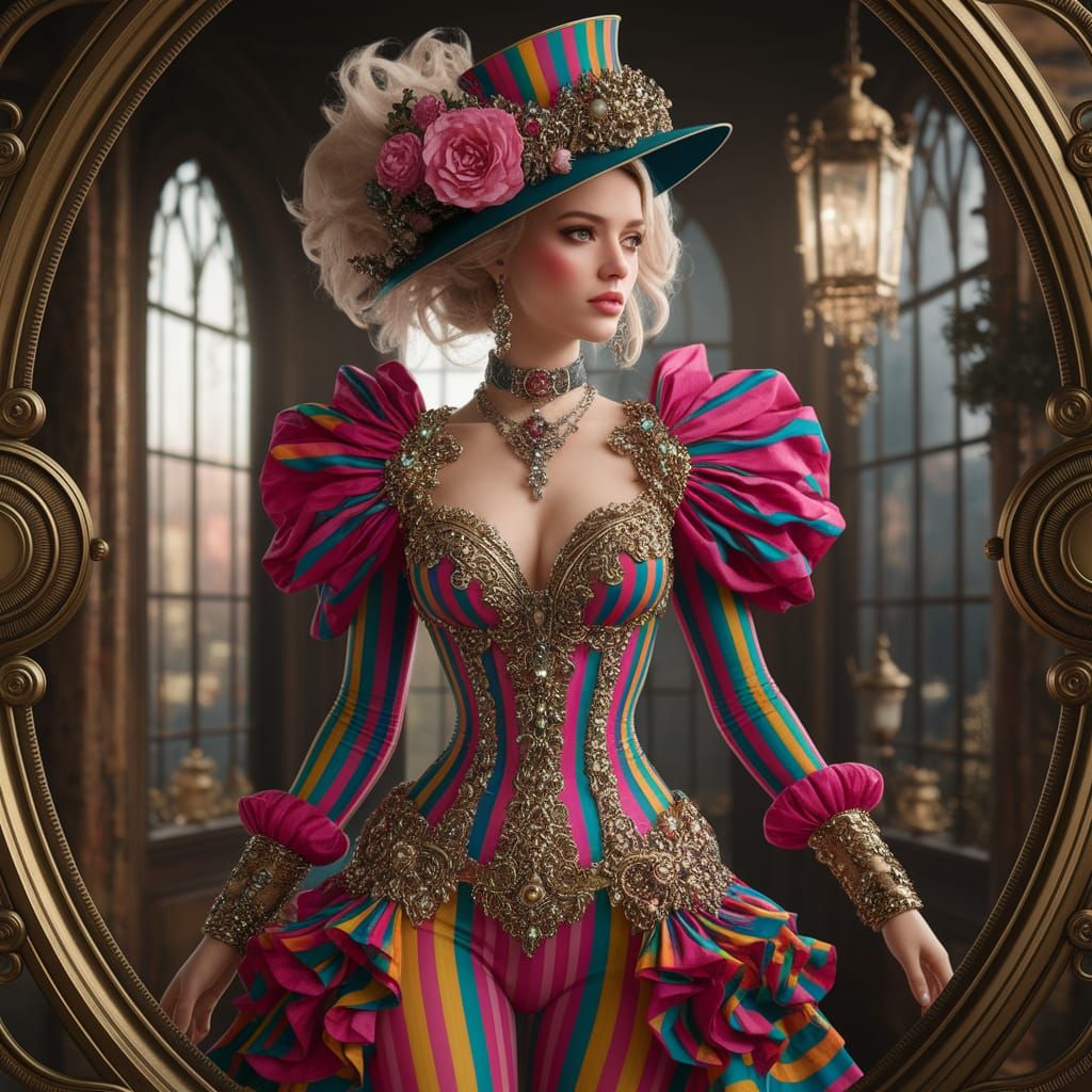 Haute Couture Woman Swirling in Bold Stripes