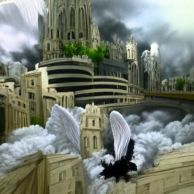 Angel with Bloody Wings Flies Over Dark City