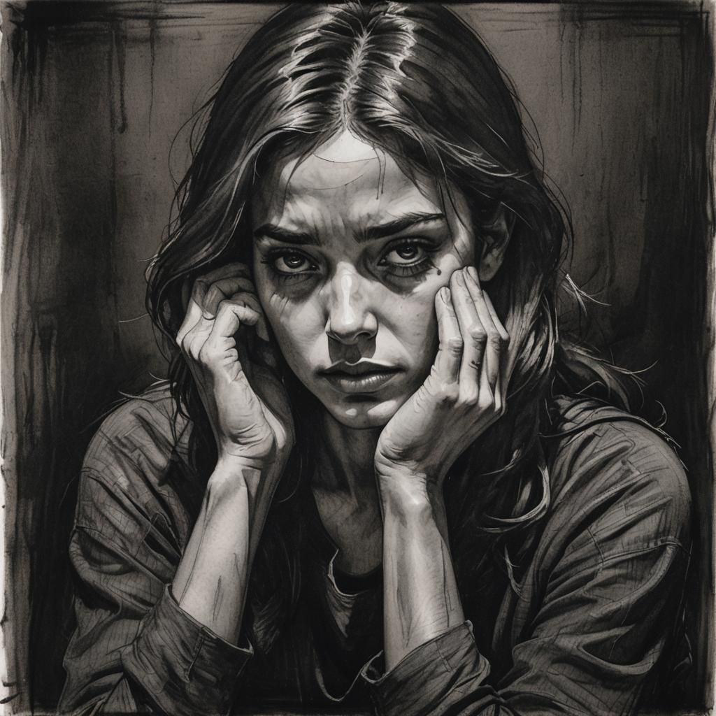 Noir Charcoal Portrait of a Girl in Despair