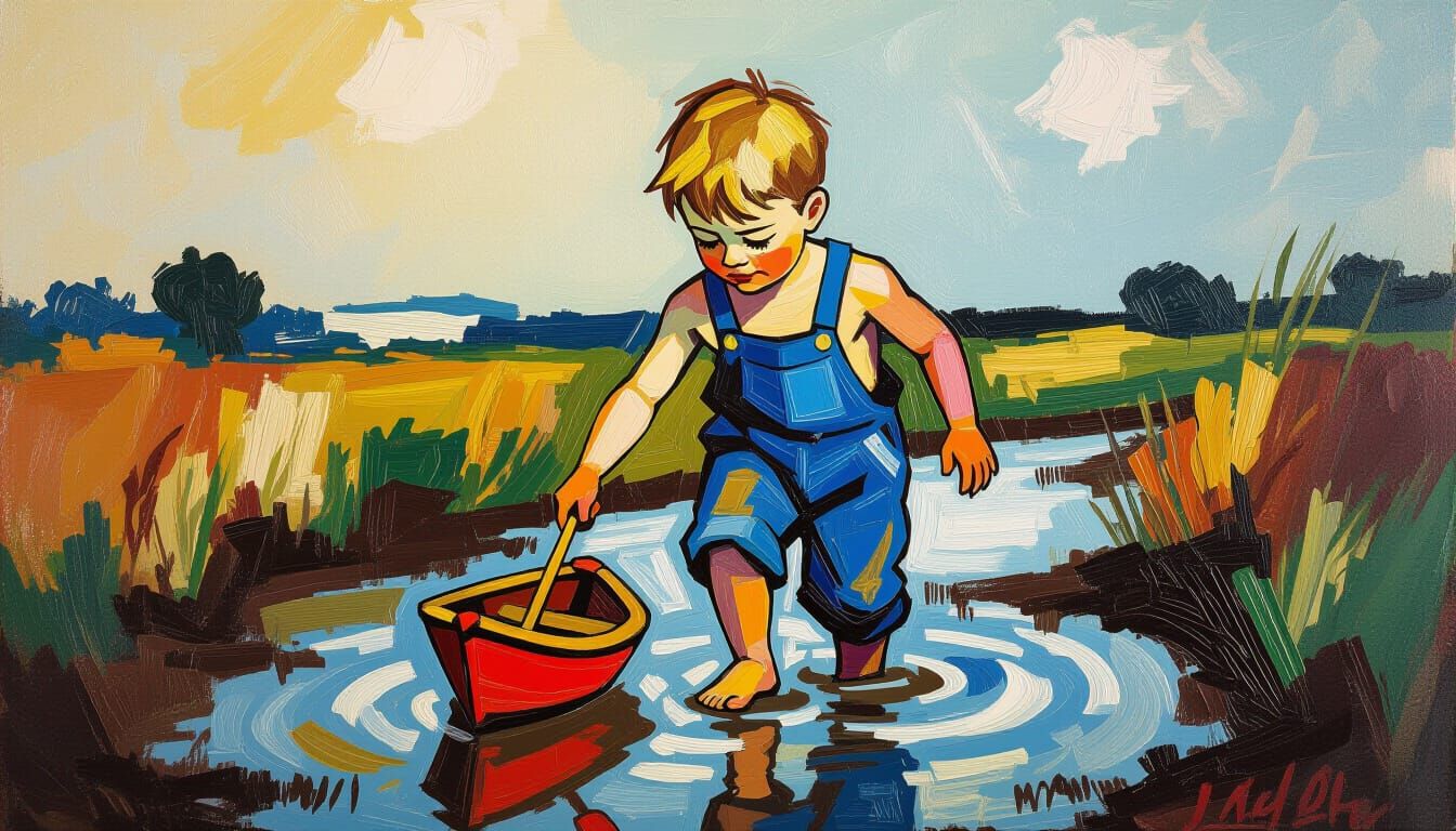 Watercolor sketch of a whimsical boy dressed in blue overall...