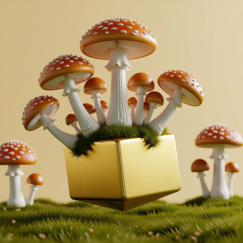 Fly Agaric Mushrooms on Golden Cube