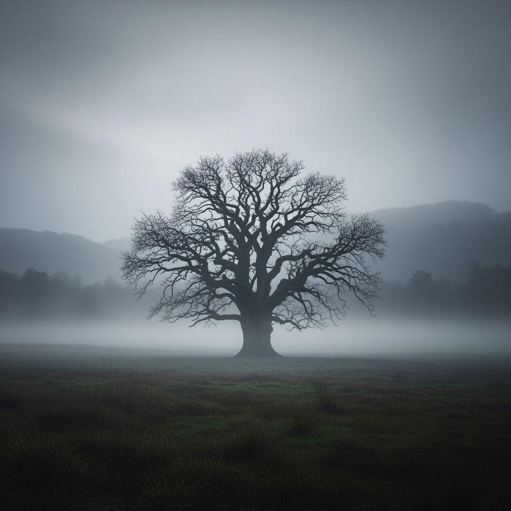 Ancient Oak in Misty Meadow Landscape