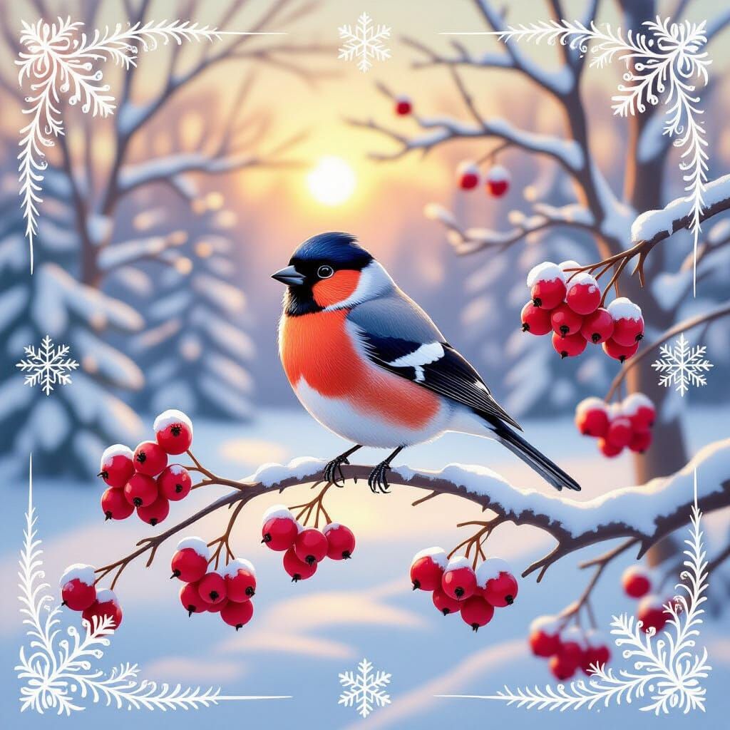 Bullfinch on Berry Branch Christmas Card in Realistic Cartoo...