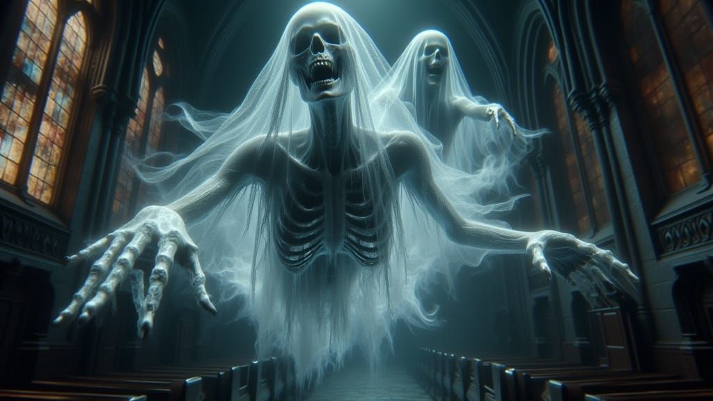 Ethereal Specters in Gothic Church, Dark Surrealism
