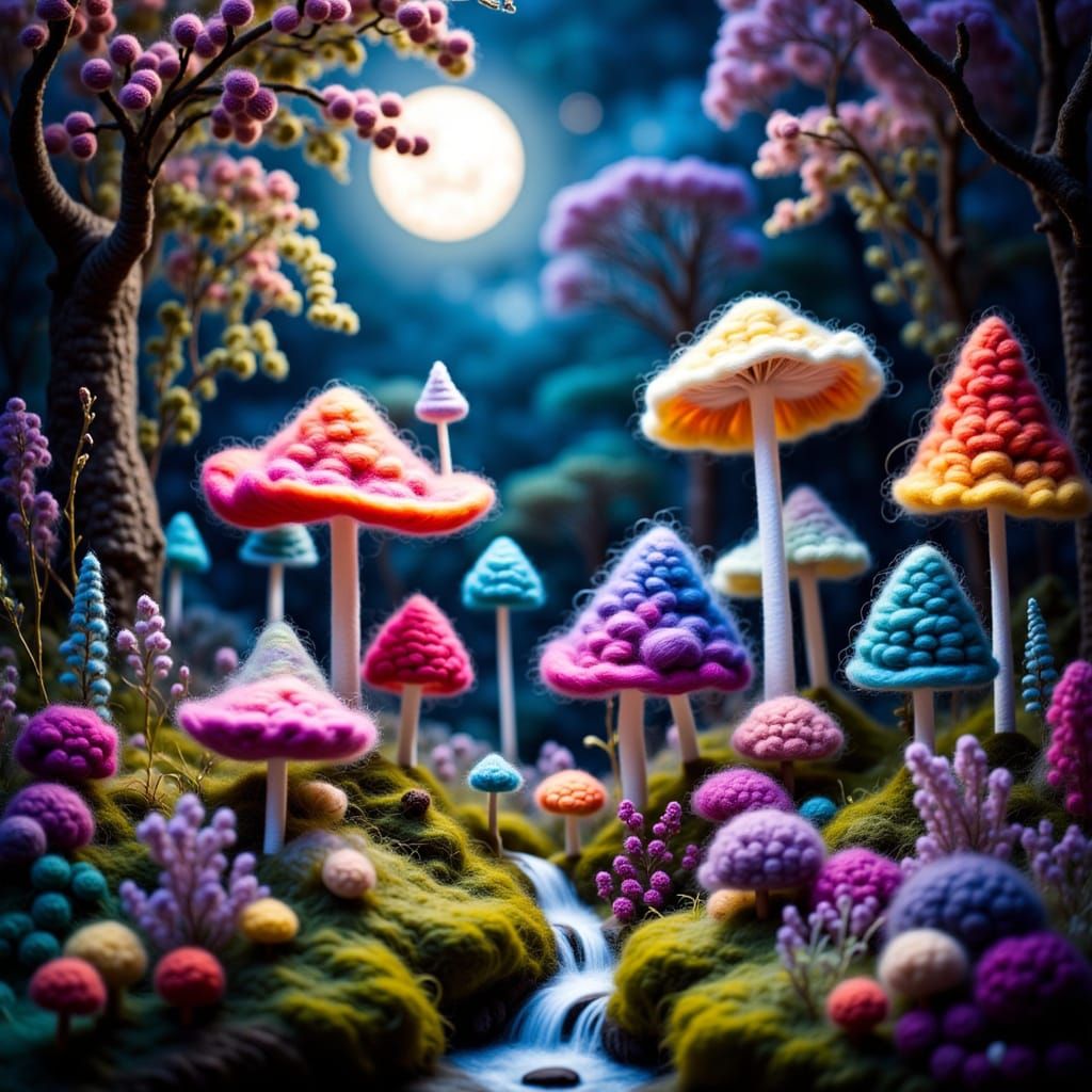 Dancing Mushrooms in a Neon Psychedelic Forest