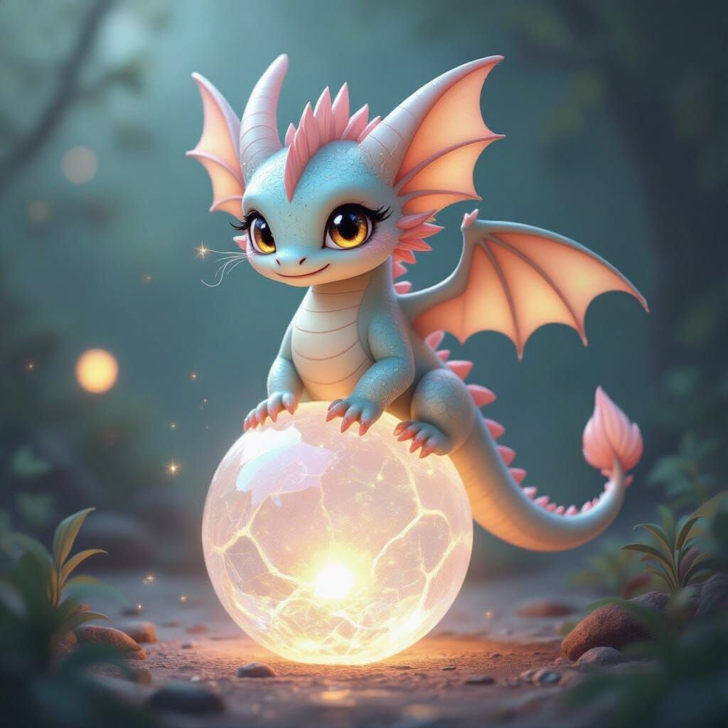 Opalescent Dragon on Crystal Orb in Art Nouveau Style