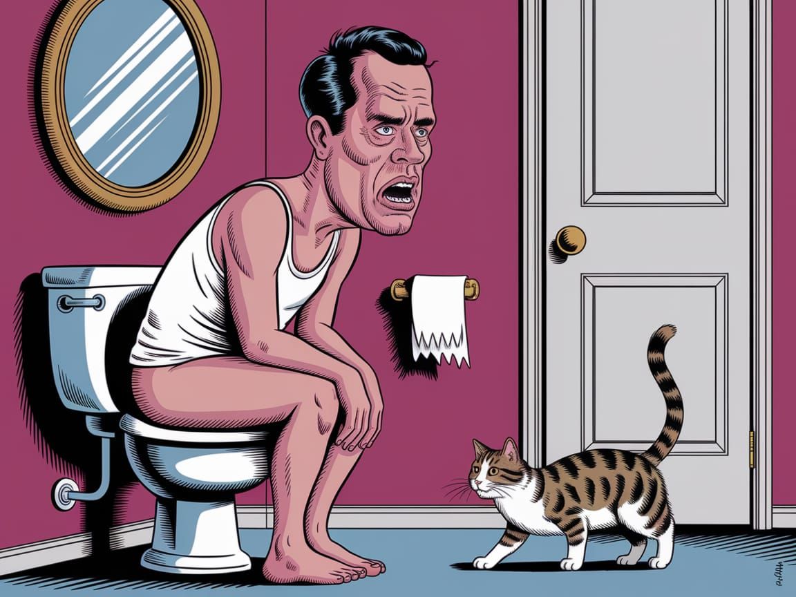 Grotesque Caricature of Man on Toilet in Ed Roth Style