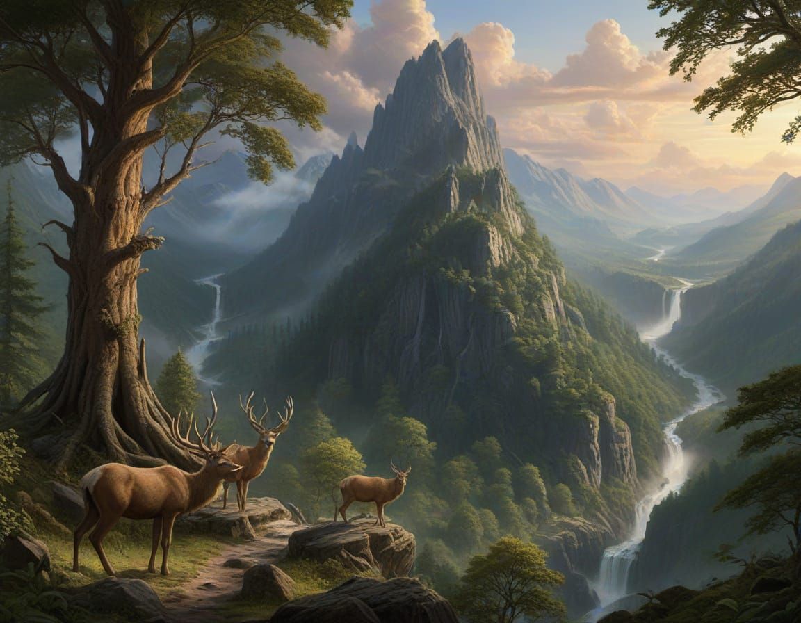 Majestic Mountains Meet Greenwood in Golden Light