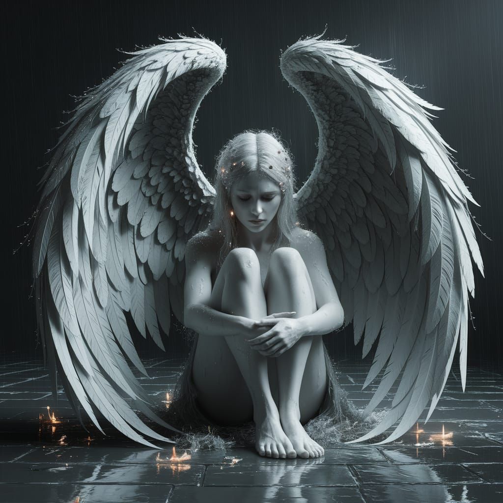 Melancholic Angel in Surreal Rainy Landscape