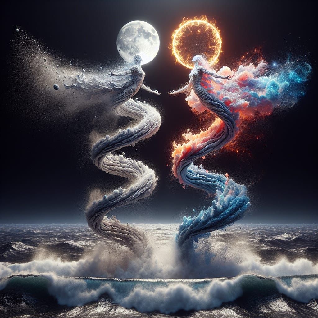 Lunar and Solar Entities Rise from the Ocean