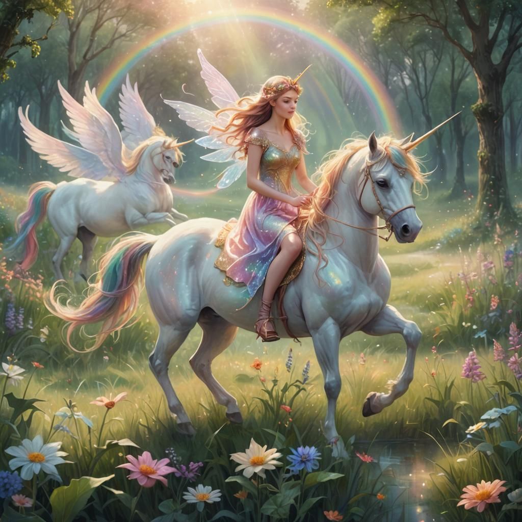 Fairy Riding Unicorn in Dreamy Pastel Meadow