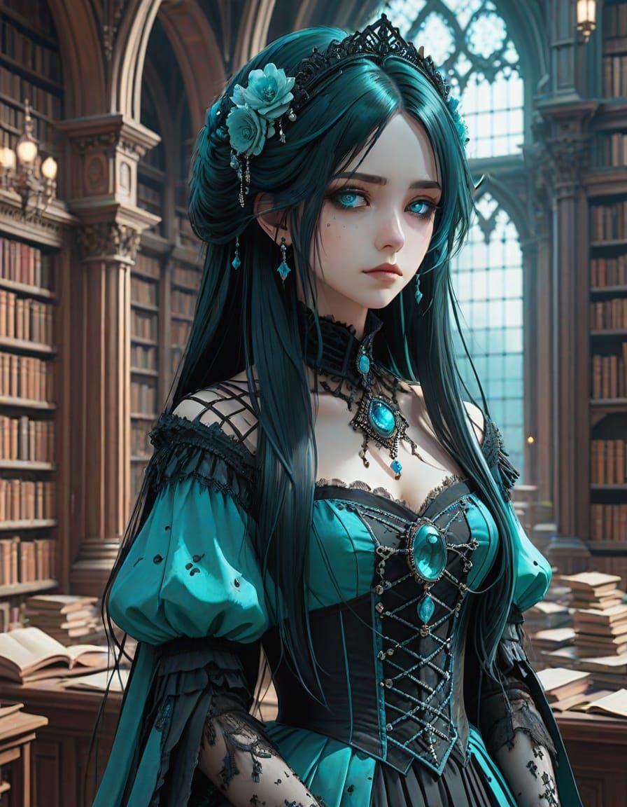Gothic Anime Woman in Victorian Library