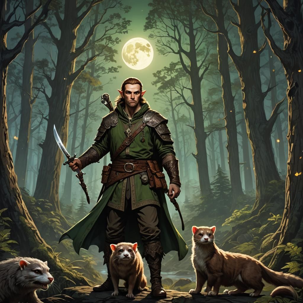 Half-Elf Monk in Moonlit Forest, Fantasy Illustration