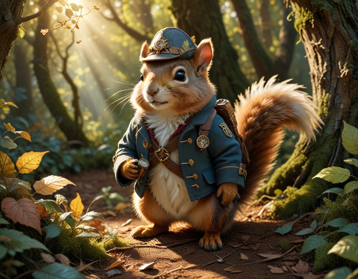 Fantasy Squirrel Sky Pirate in Whimsical Landscape