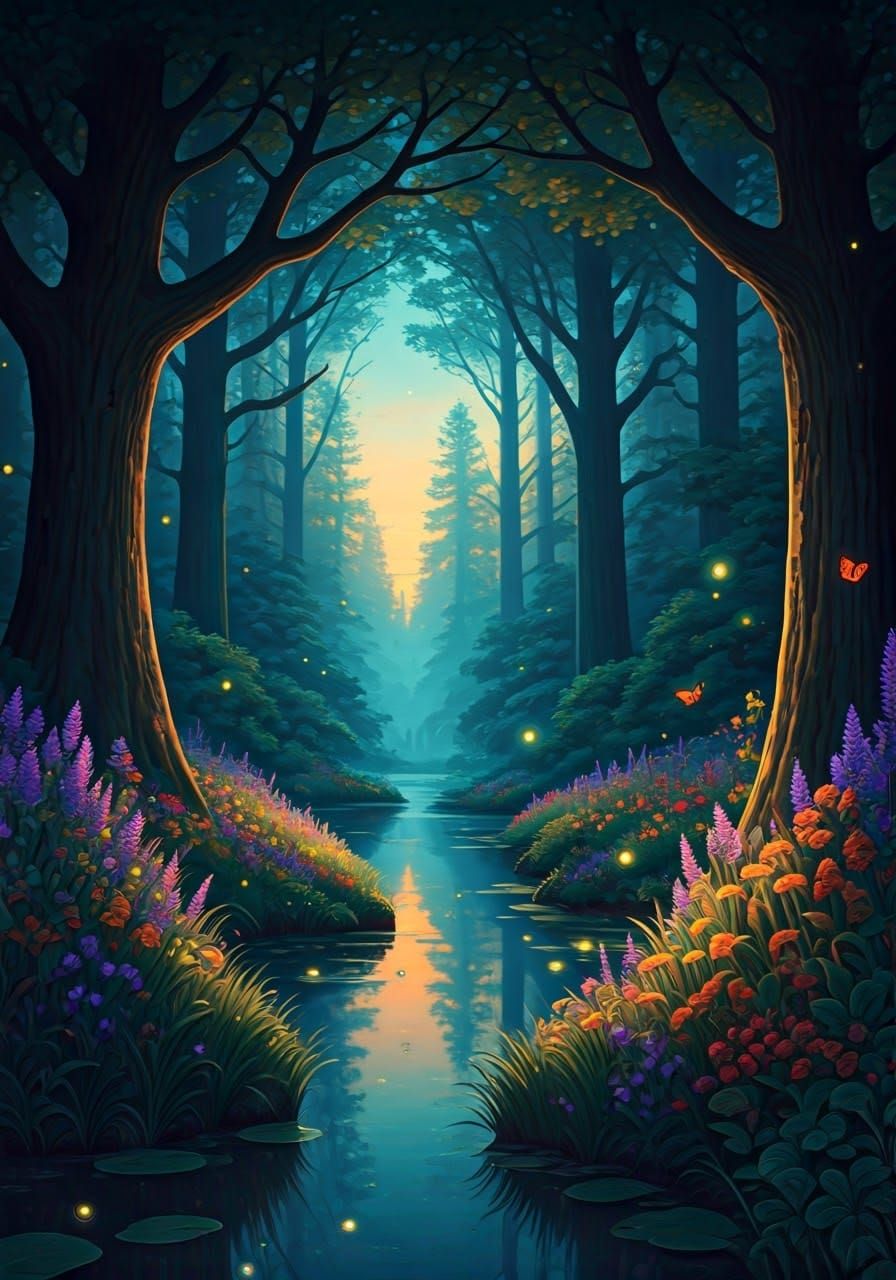 Whimsical Forest at Dusk in Coloured Chalk Drawing