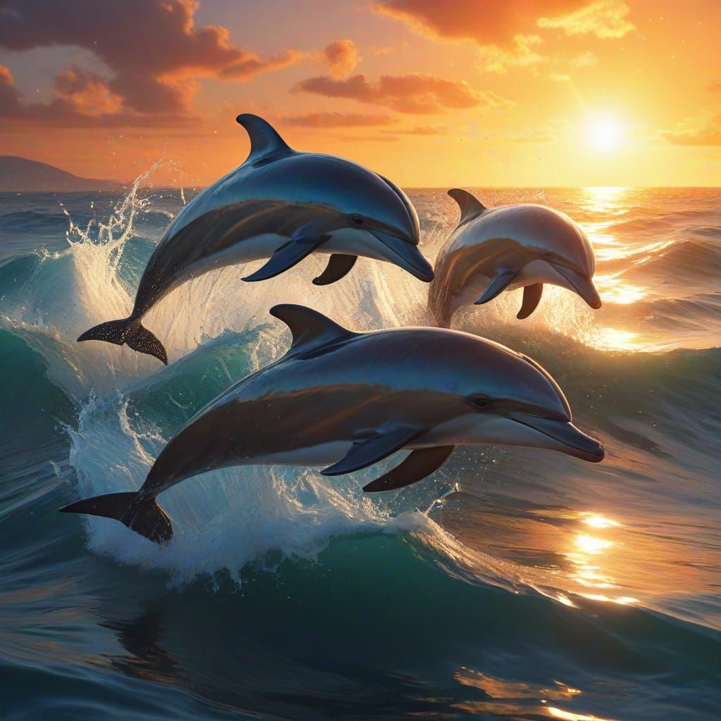 Dolphins Leap in Vibrant Oil Painting Under Golden Hour Sun