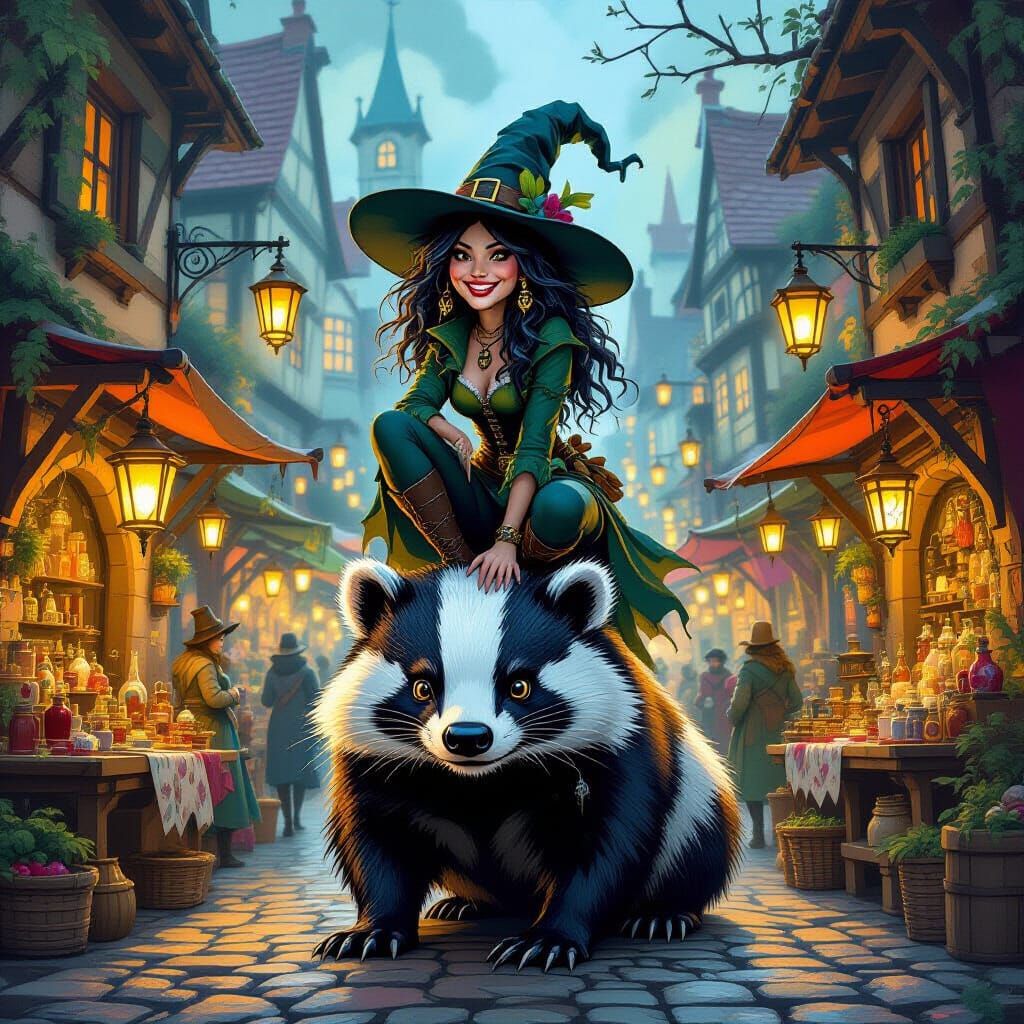 Whimsical Witch Rides Giant Badger in Enchanted Market