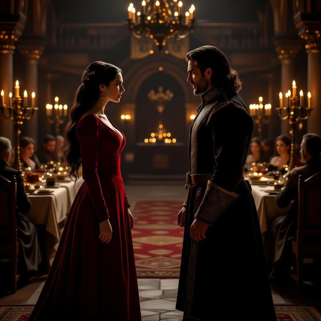 Medieval Castle Argument: Woman in Red Dress