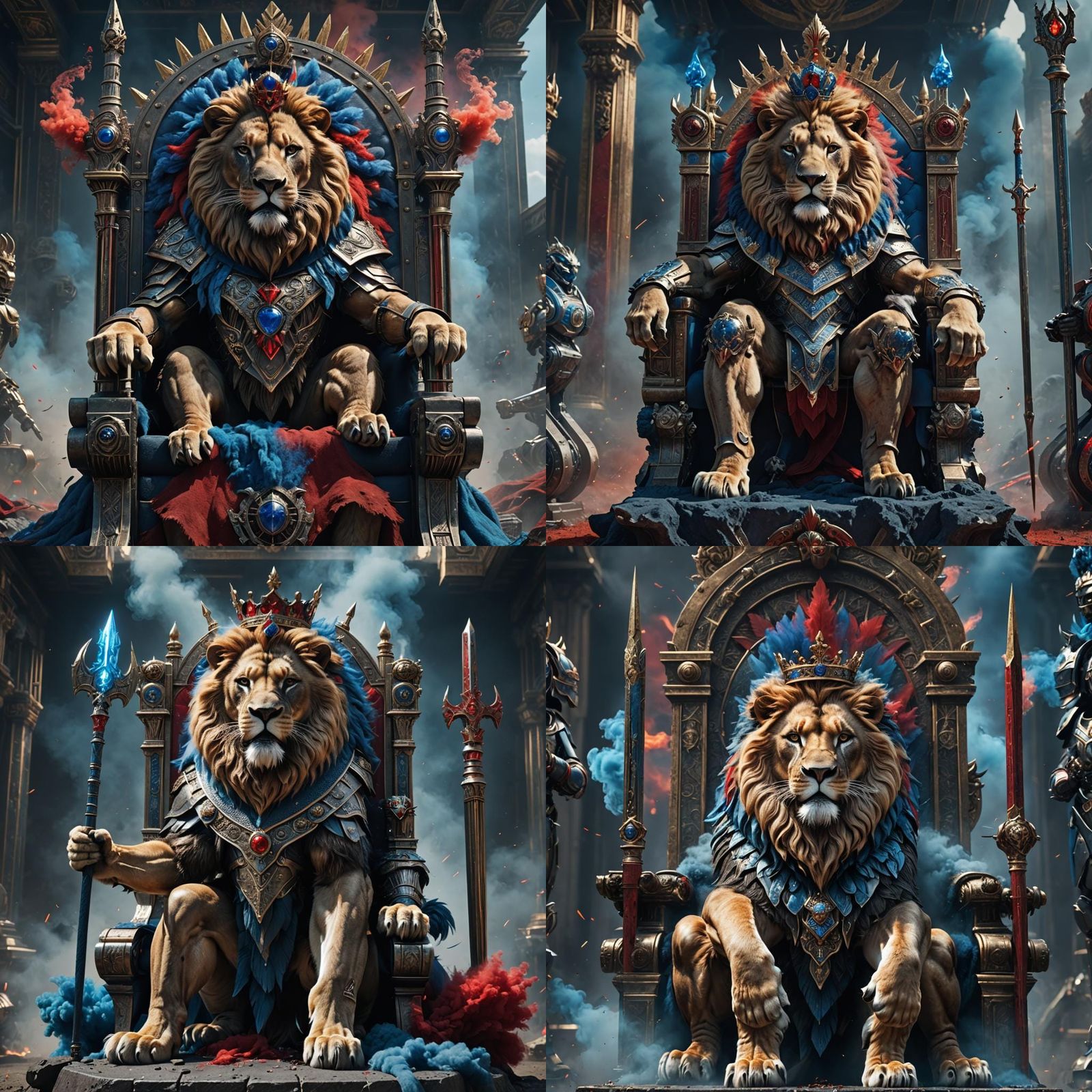 Lion King on Throne with Spear, Cinematic Sci-Fi