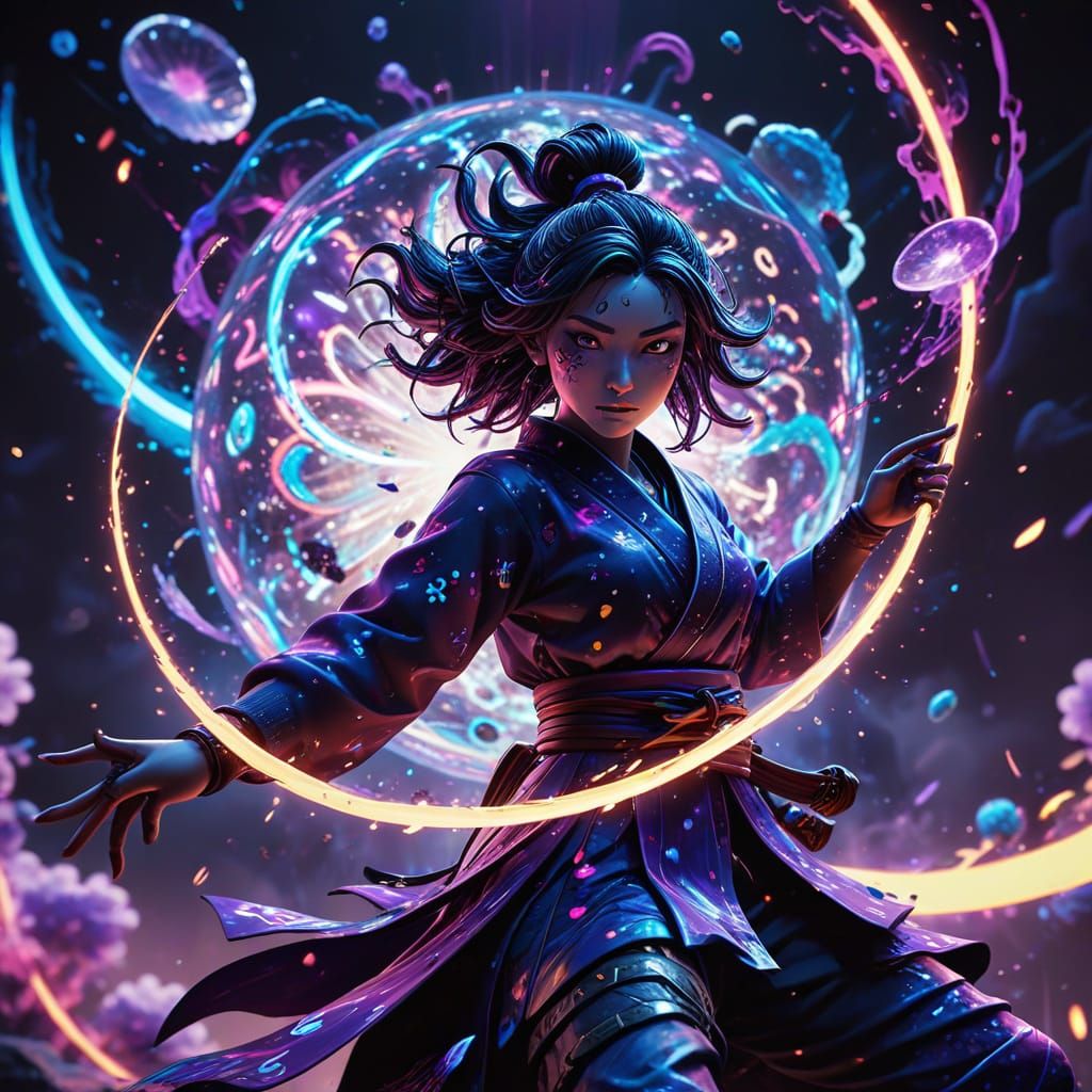 Cosmic Girl in a Neon-Lit Ukiyo-E Dreamworld