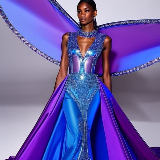 Ethereal cobalt blue holographic metamorphosis met gala dress with purple holographic accents& sliver accents& ethereal ...