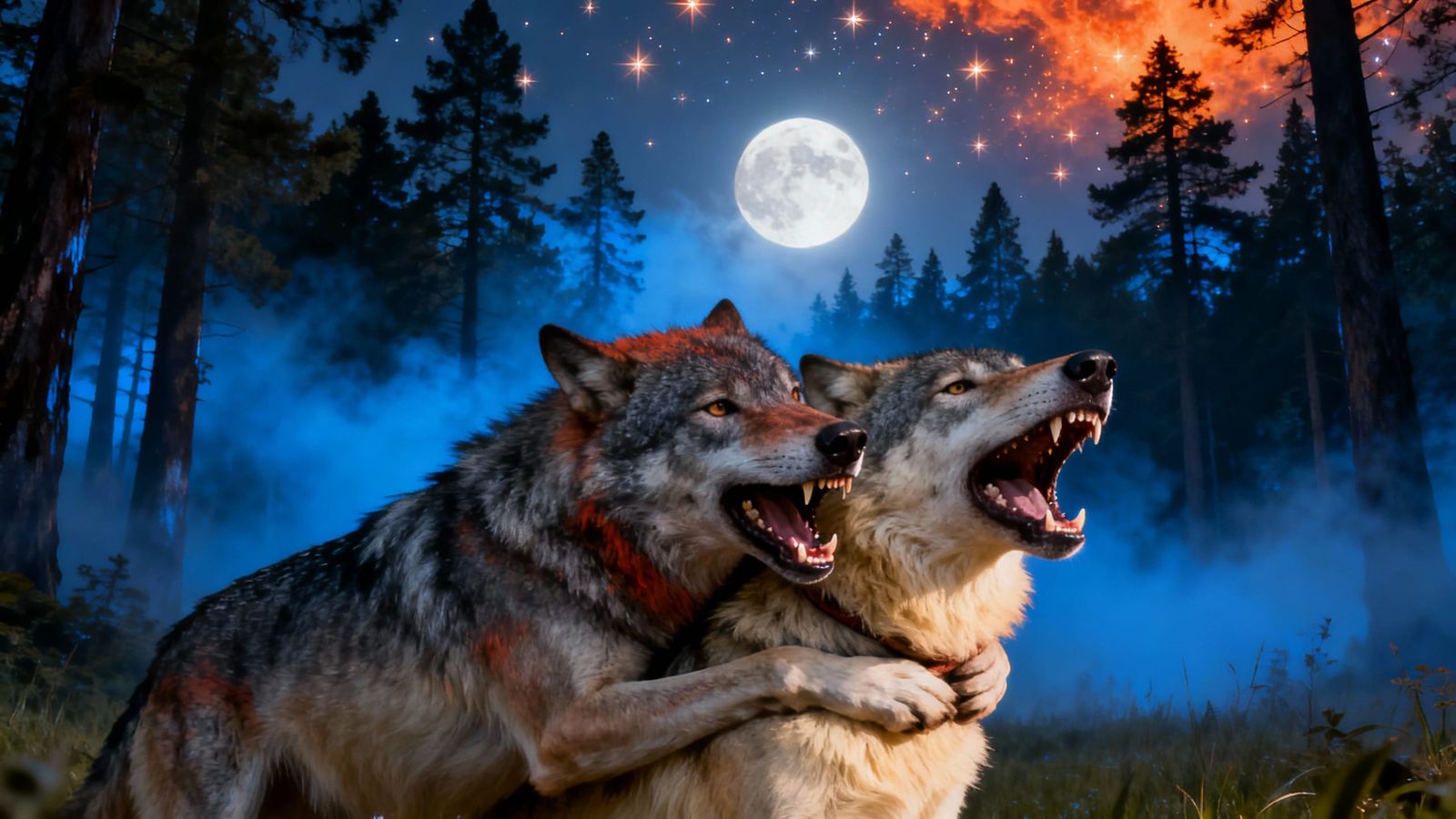 She-Wolf Defends Mate in Moonlit Forest Glade