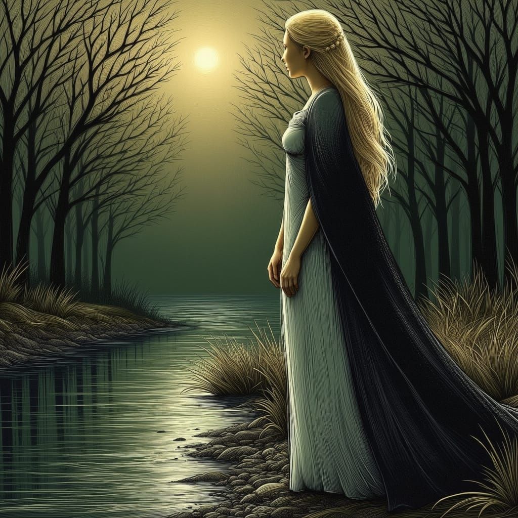 Milady de Winter by the Lys River in Oil Painting Style