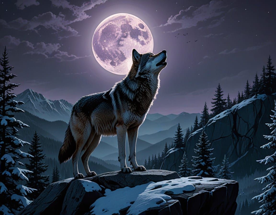 Lone Wolf Howling at Moonlit Forest in Fantasy Art Style