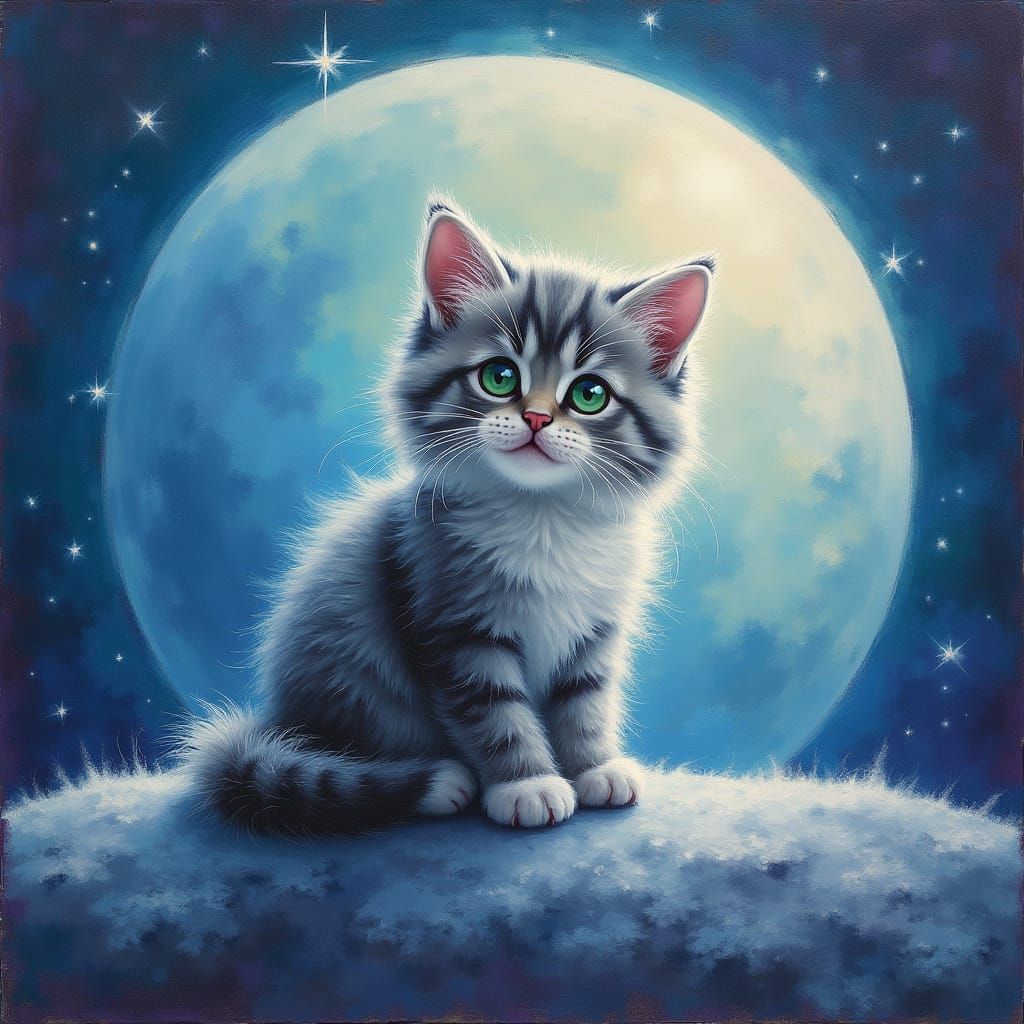 Grey Kitten Reigns on Serene Lunar Surface