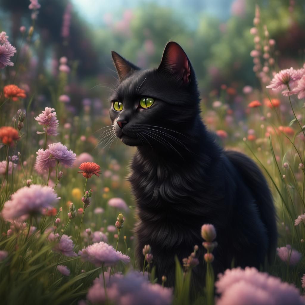 Black Cat in Spring Meadow: Detailed Matte Painting