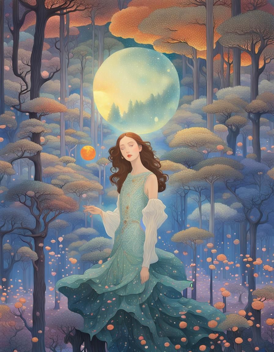 Sunset Woman in Magical Forest, Klimt Style