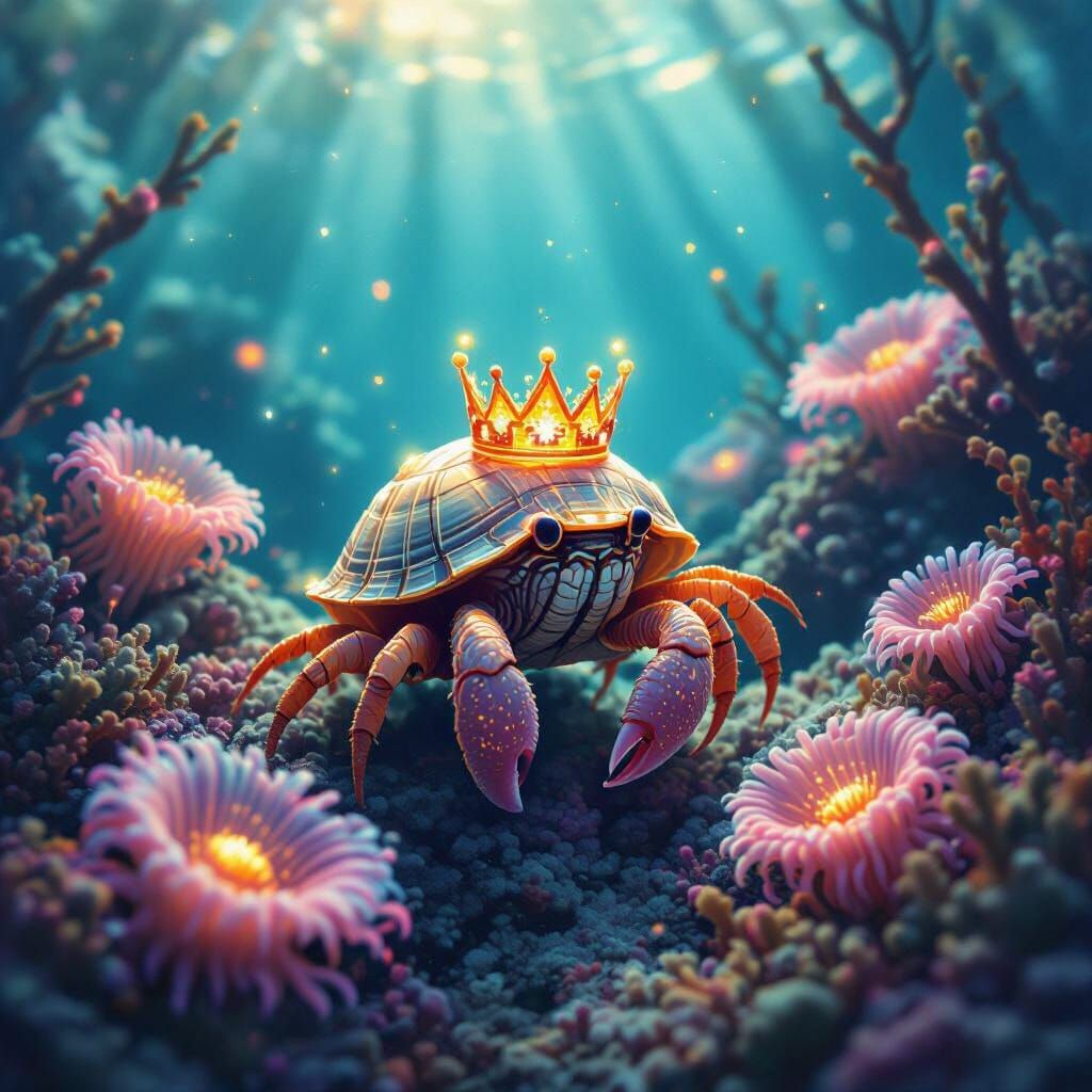 Bioluminescent Crab in Pixelated Crown Explores Coral Reef