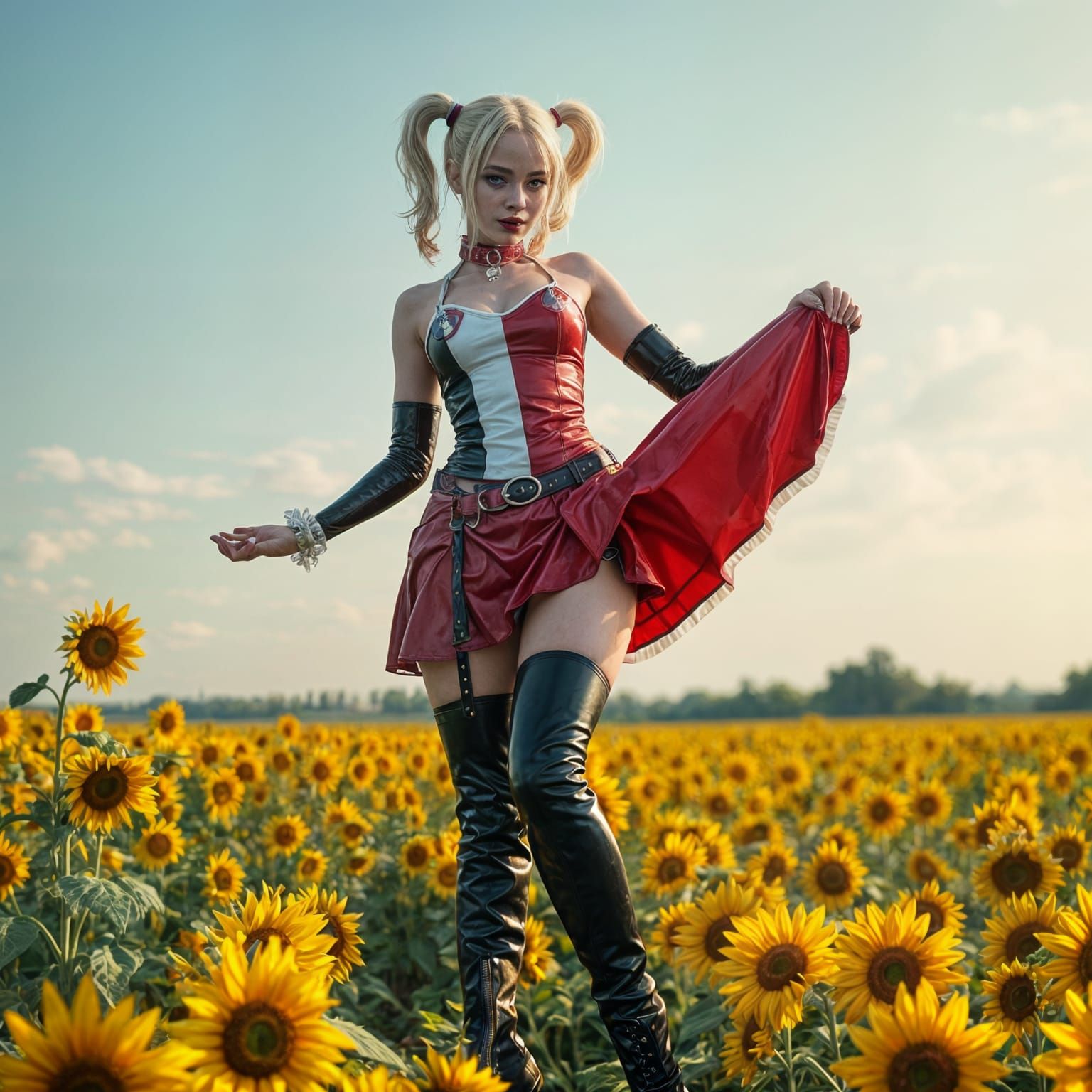 Hyperrealistic Harley Quinn in Sunflower Field