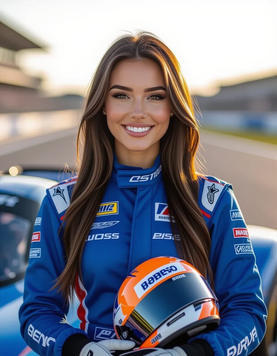 Russian Racer Woman in Blue Uniform by Race Car