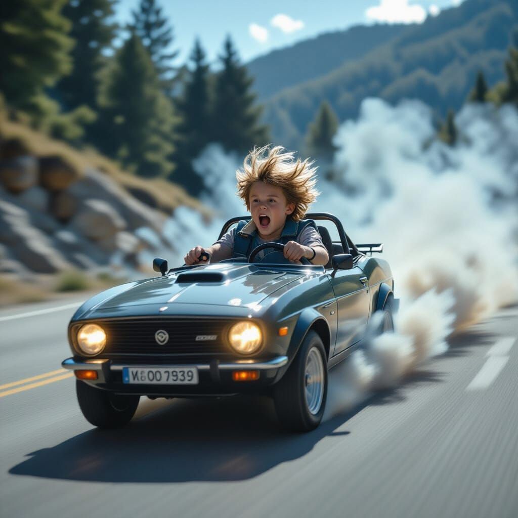 Boy Races Downhill in Turbine Car