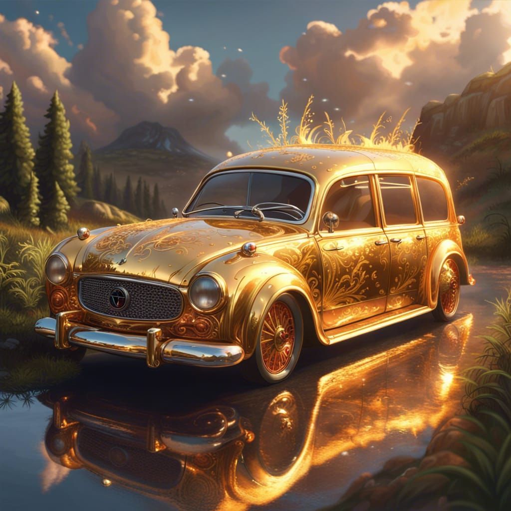 Fairy Coach Car in Golden Anime CGI Style