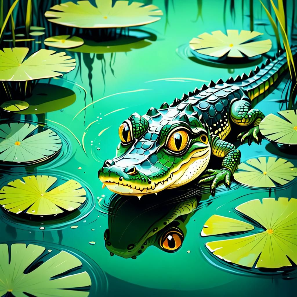 Cute Baby Alligator Swimming in Swamp: Abstract Art