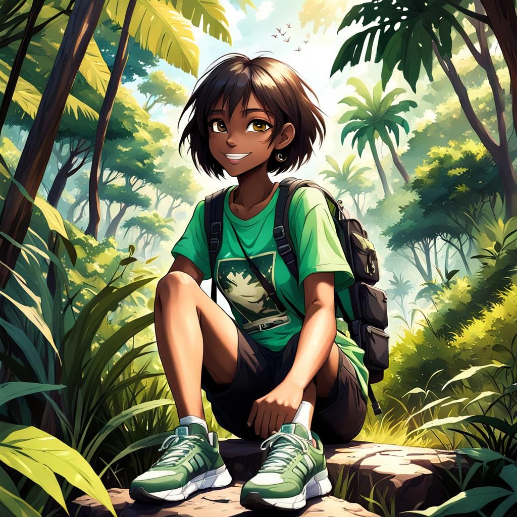 Anime Girl Exploring Jungle, Detailed Digital Art