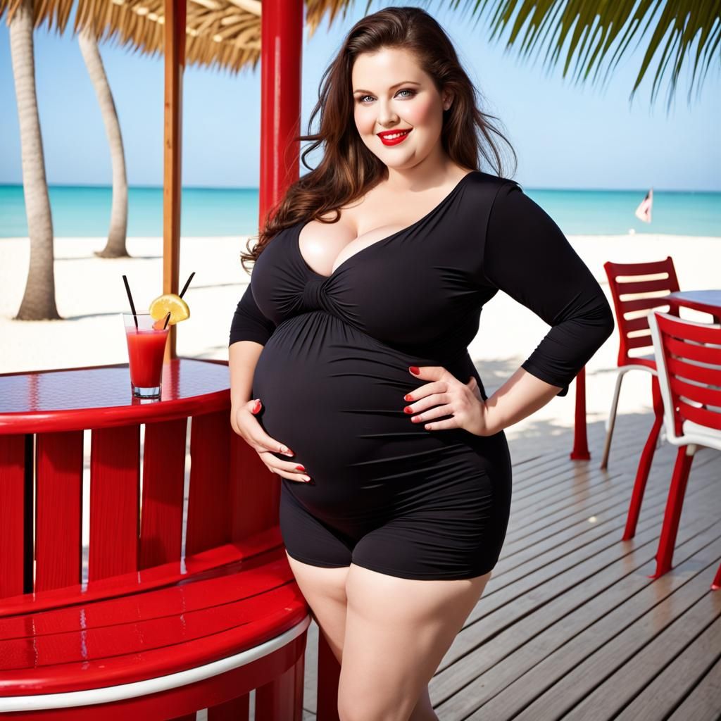 Curvy Pregnant Woman in Bikini at Beach Resort