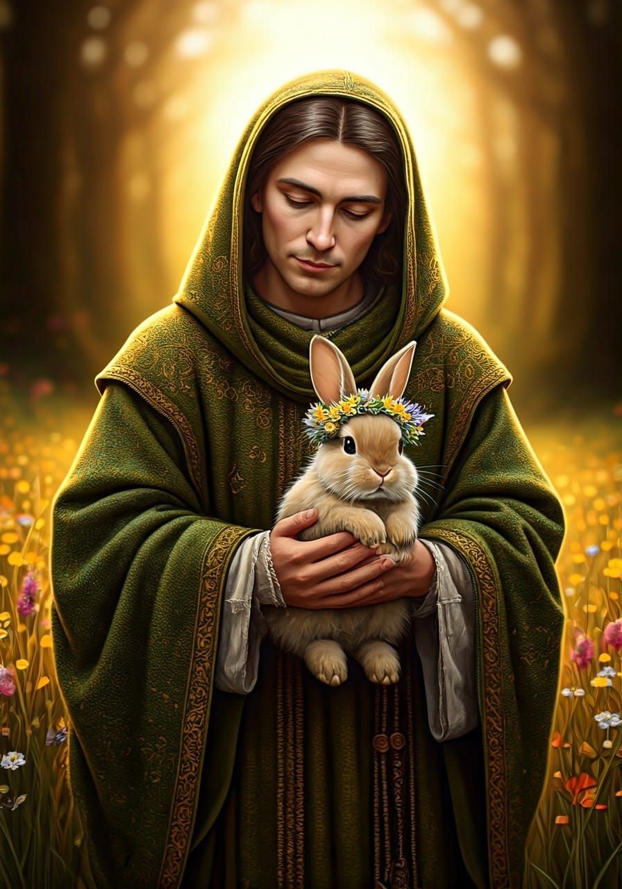 Saint Mellangel with Eostre Bunny in Meadow