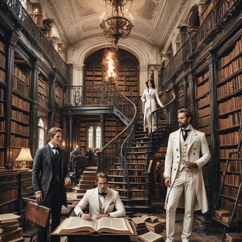 Steampunk Library Scene with Floating Antique Book