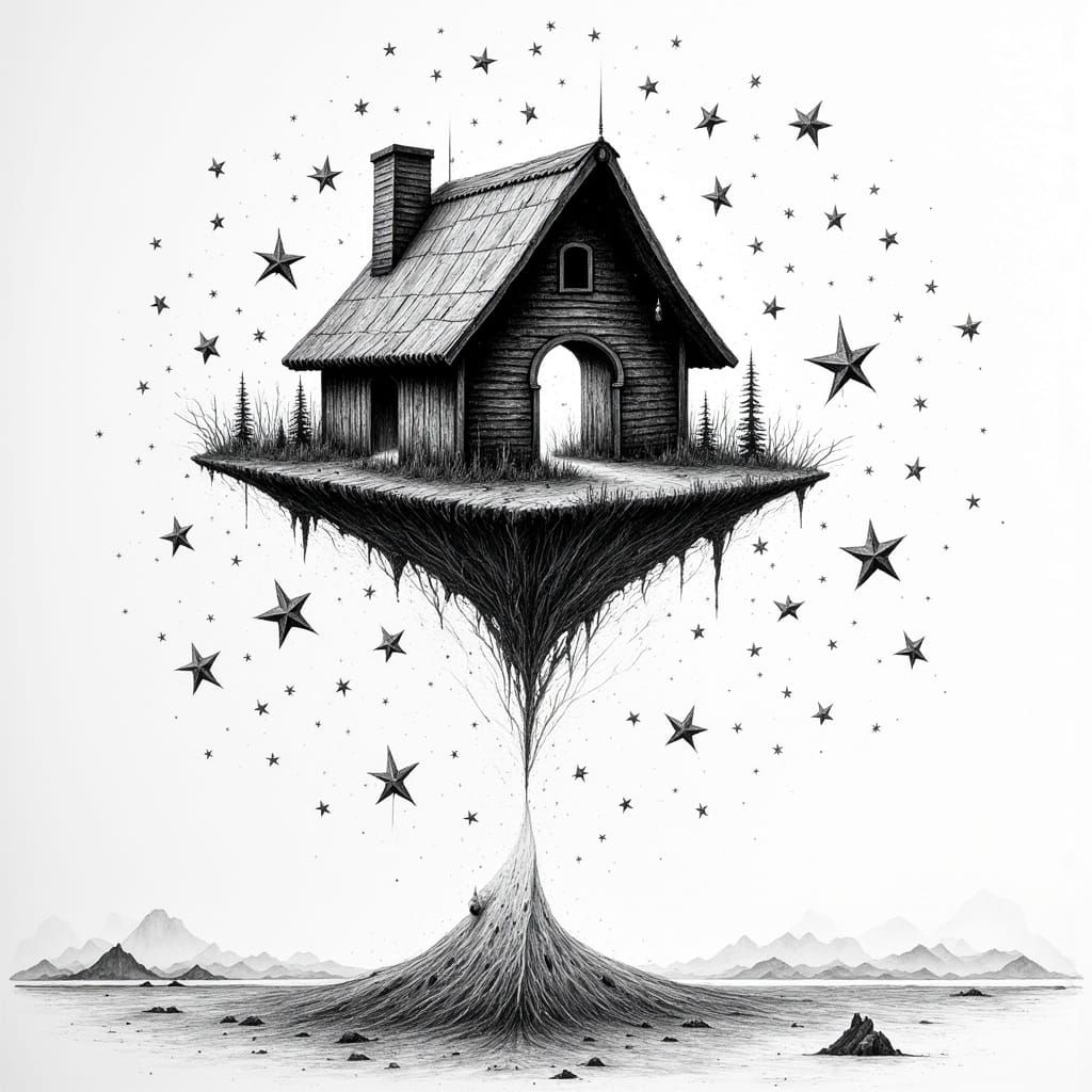 House with Happy World Flies Over Starry Sea