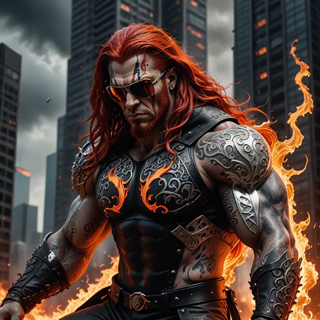 Demonic Wrestler on Burning Skyscraper in Dark Fantasy Style