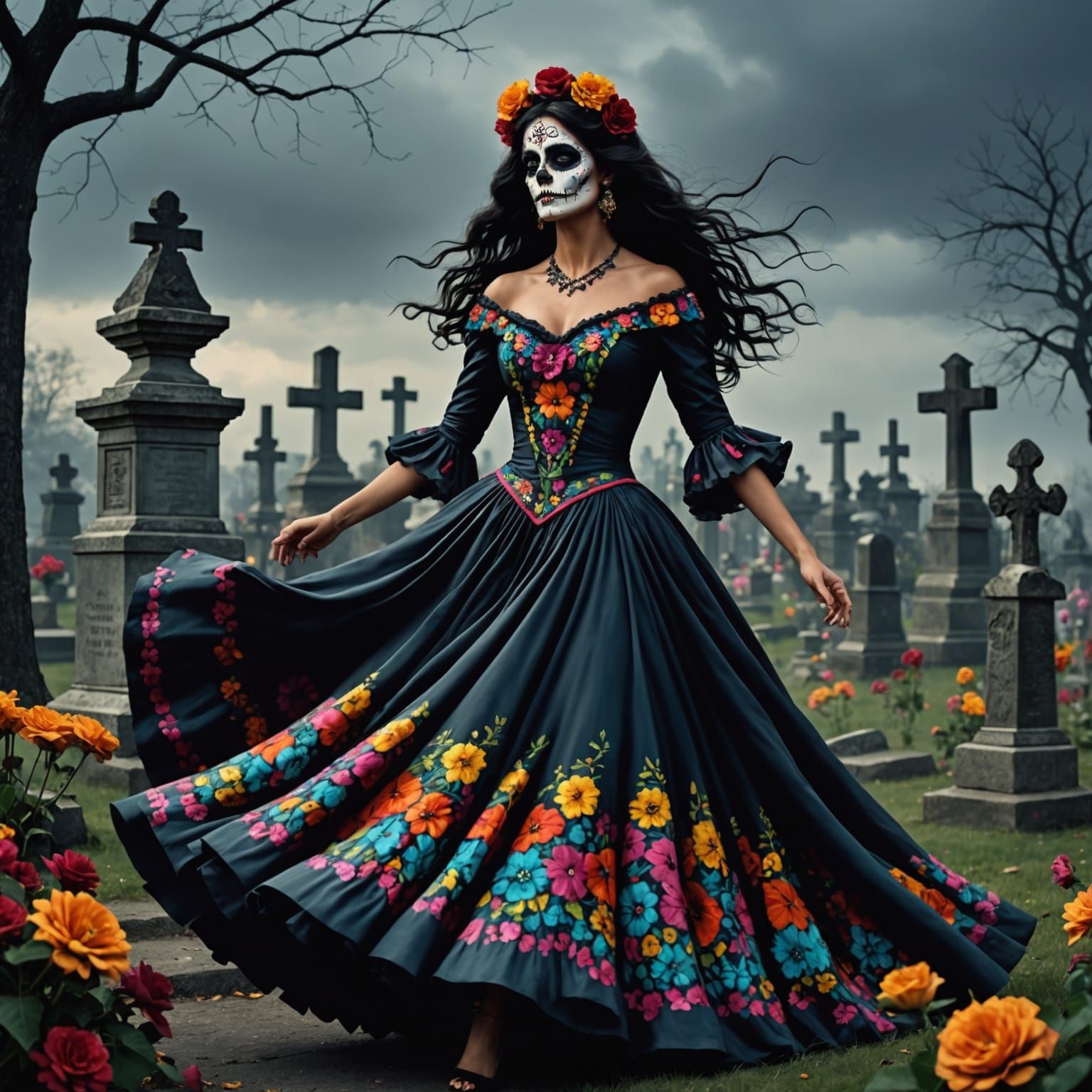 Katrina Dances in a Cemetery on El Dia de los Muertos