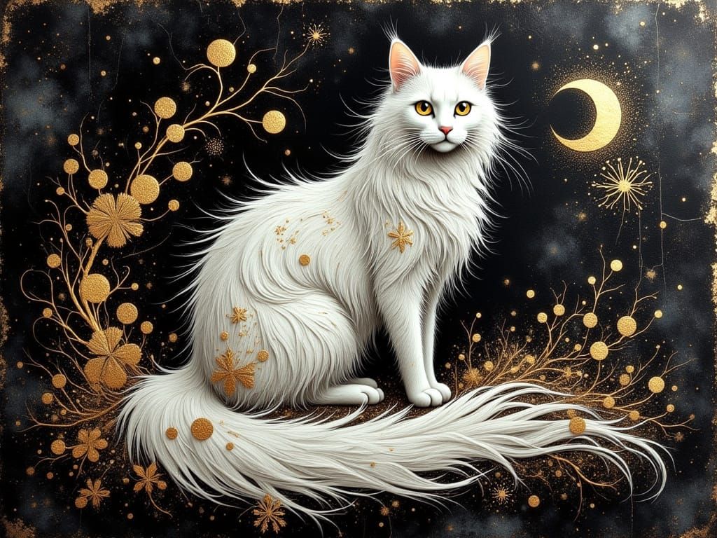 Elegant Long-Haired Cat with Gold Filigree Details