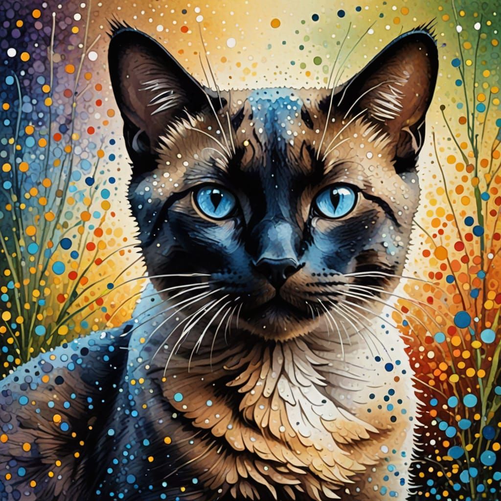 Whimsical Pointillist Portrait of a Siamese Cat