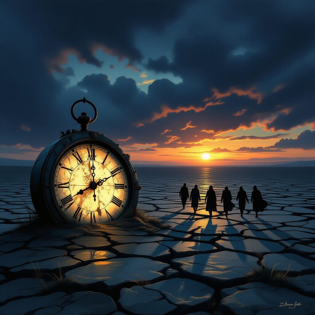 Desolate Landscape with Ancient Clock Under Stormy Twilight ...