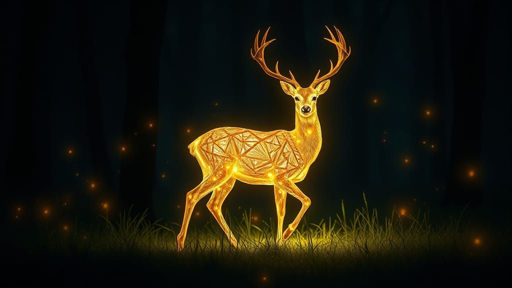 Illuminated Mystical Deer in Dark Forest